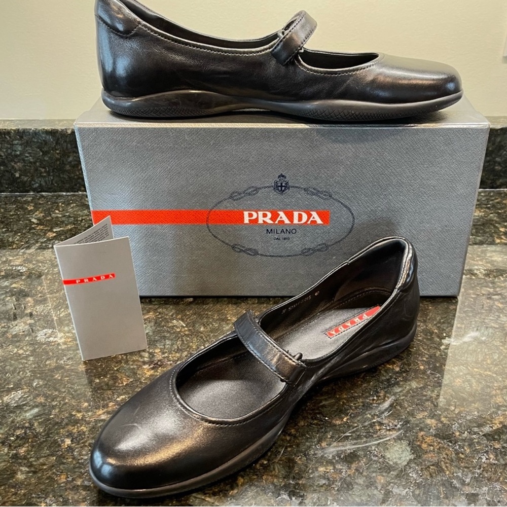 Prada Black Leather Mary Jane Flats, Euro Size 40